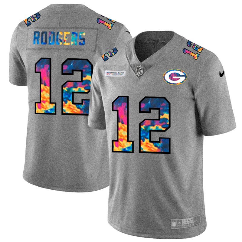 NFL Green Bay Packers 12 Aaron Rodgers Men Nike MultiColor 2020  Crucial Catch  Jersey Grey